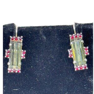 Vintage Sterling Silver .925 Peridot Green Ruby Gemstone Drop Earrings Art Deco